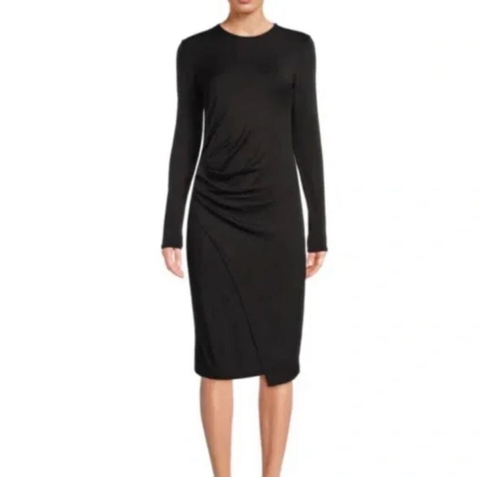 Vince $295 Black Gathered Long Sleeve Midi Sheath Dress XS NEW